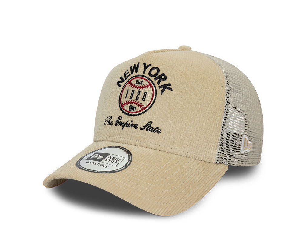 New Era Logo Cord Beige A Frame Trucker Snapback Hat